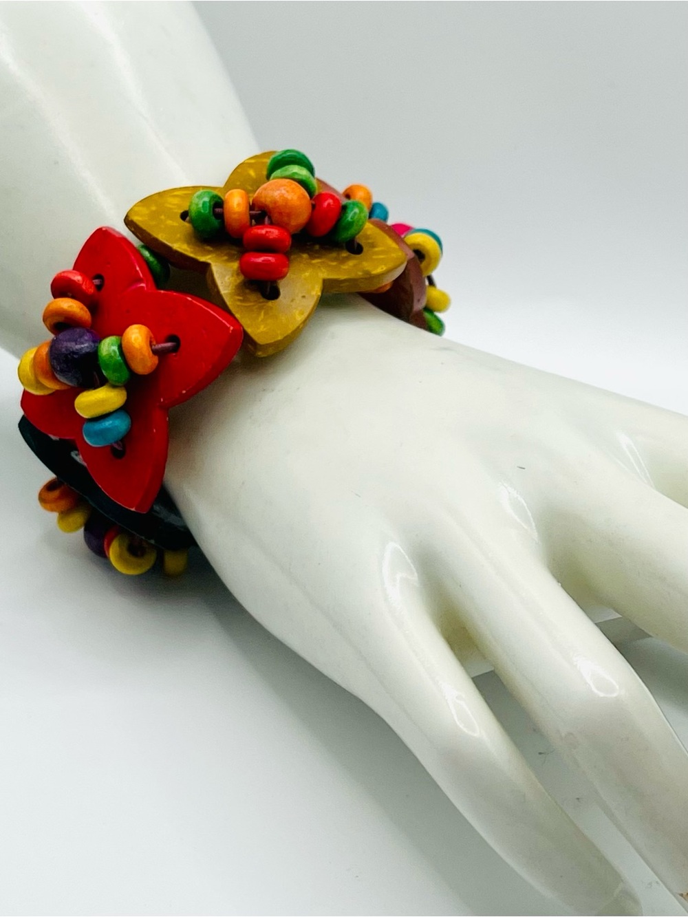 Chunky Boho Multicolor Wooden Flower Stretch Statement Bracelet